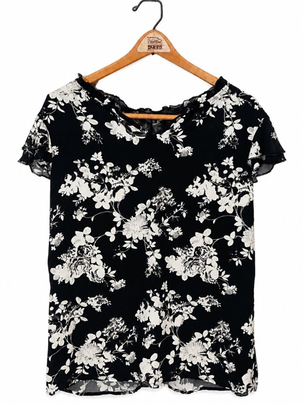 Merokeety Womens Black Floral Print Blouse Short Sleeve XL